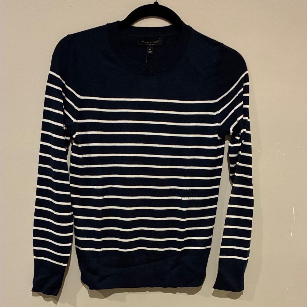 Banana Republic Navy and White Striped Crew Neck Sweater